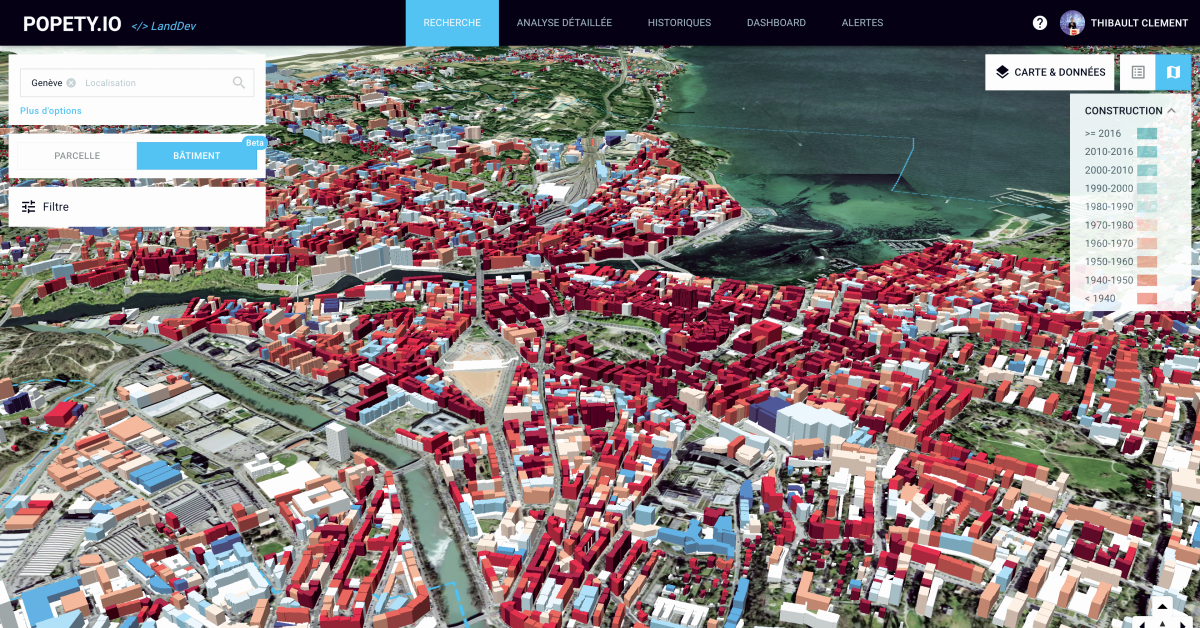 Des cartes permettent de visualiser très facilement des informations \u2013 ici l\u2019âge de construction des bâtiments genevois.